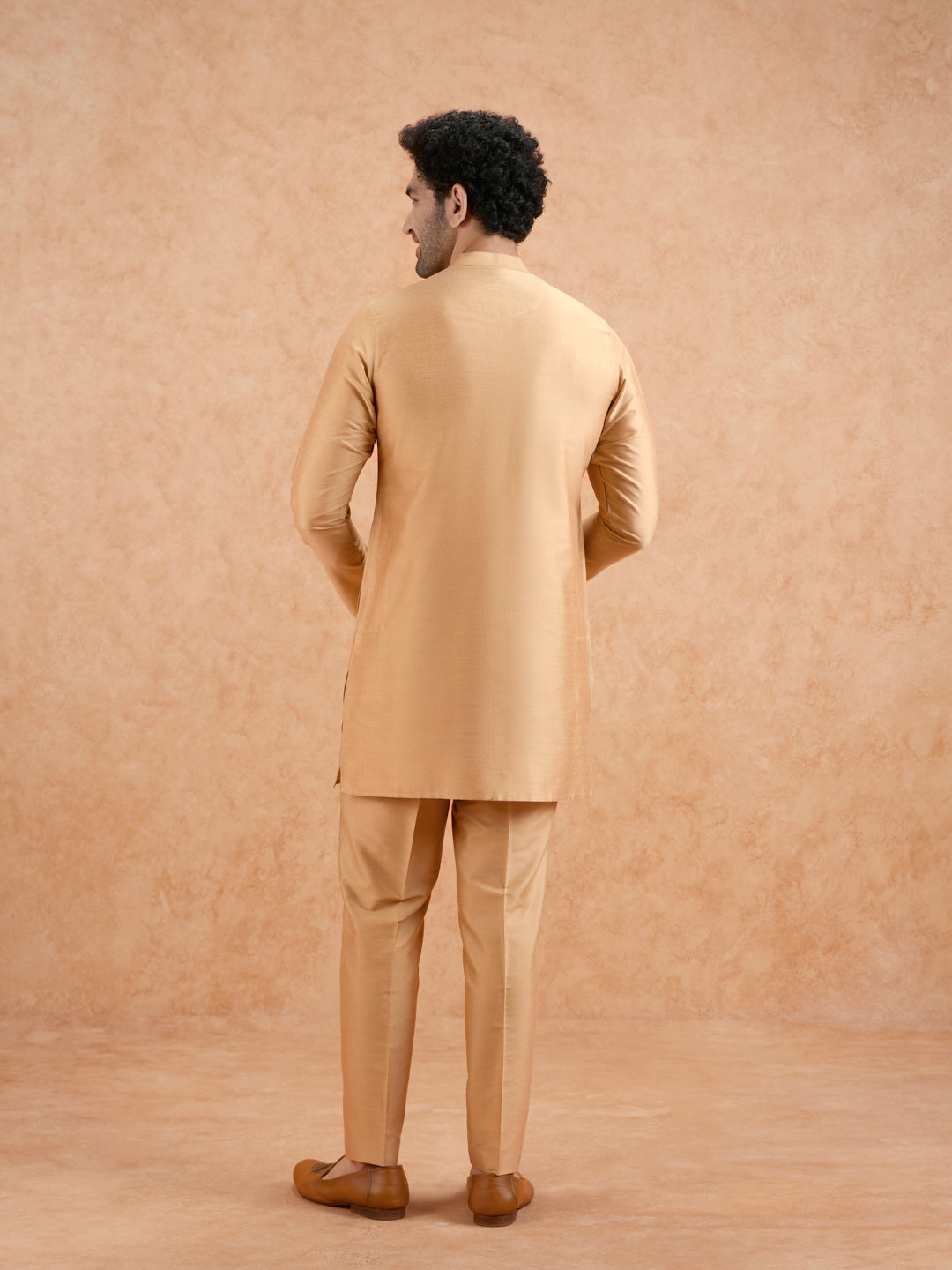 Golden Poly Silk Solid Mid Kurta Trouser Set