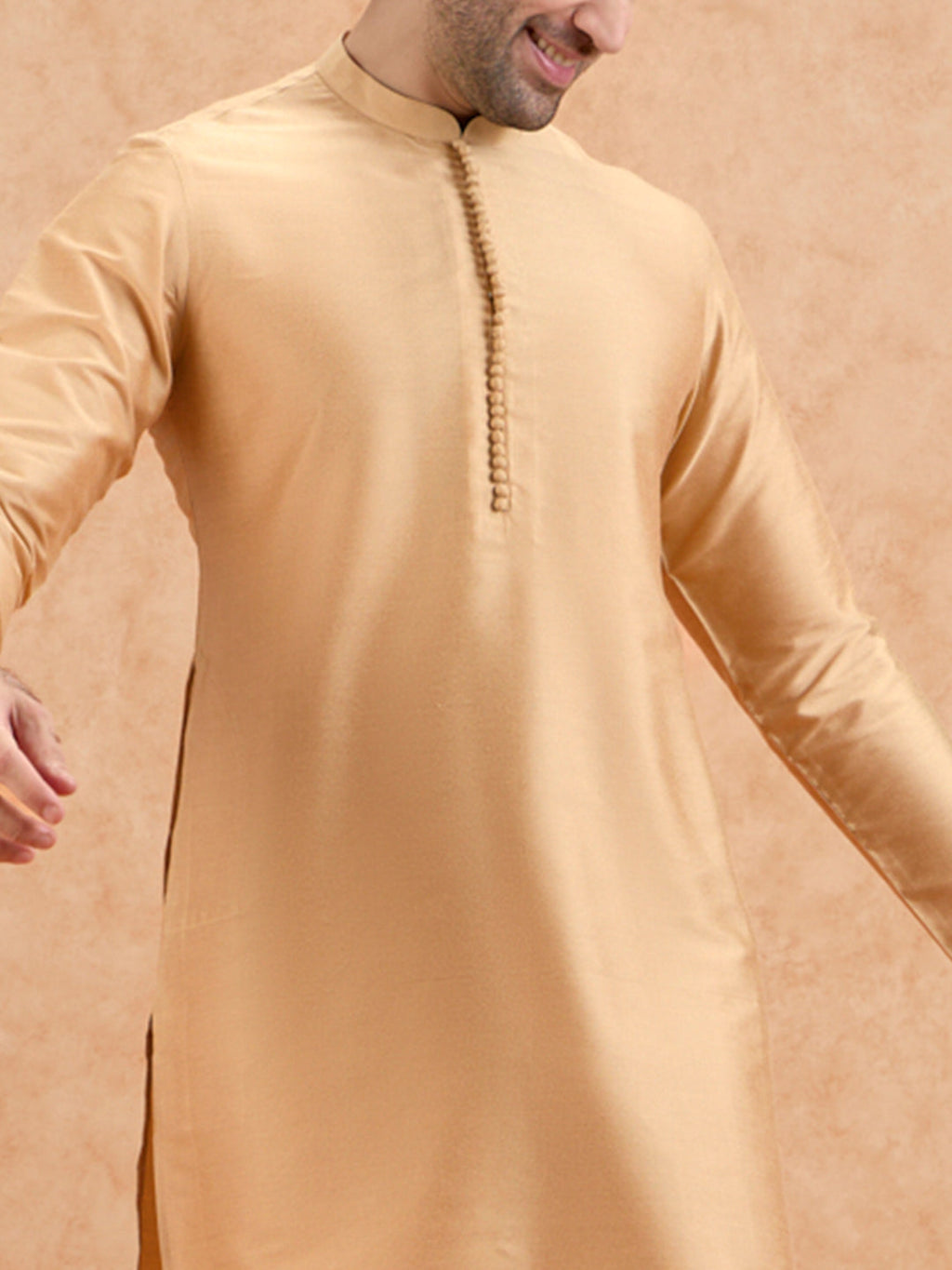 Golden Poly Silk Solid Mid Kurta Trouser Set