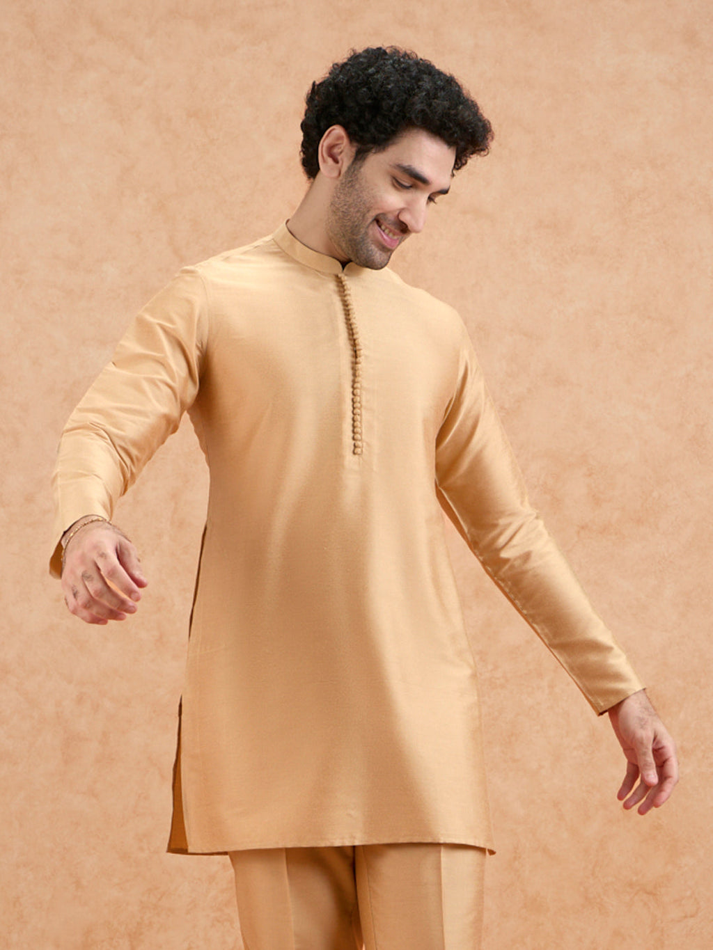 Golden Poly Silk Solid Mid Kurta Trouser Set