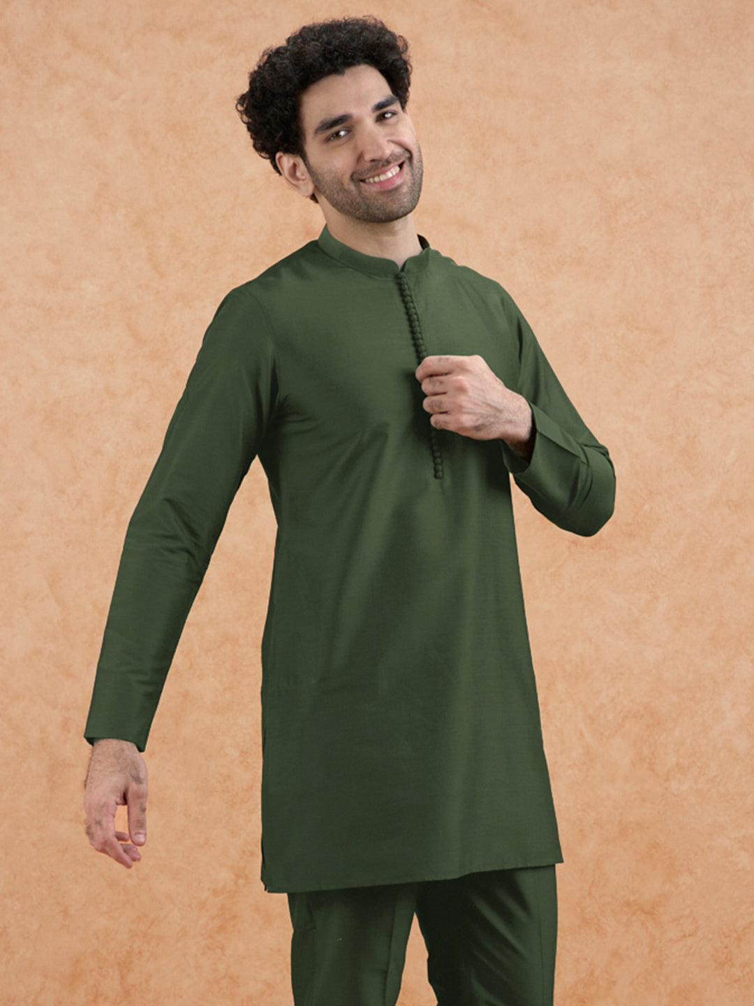 Olive Green Poly Silk Solid Mid Kurta