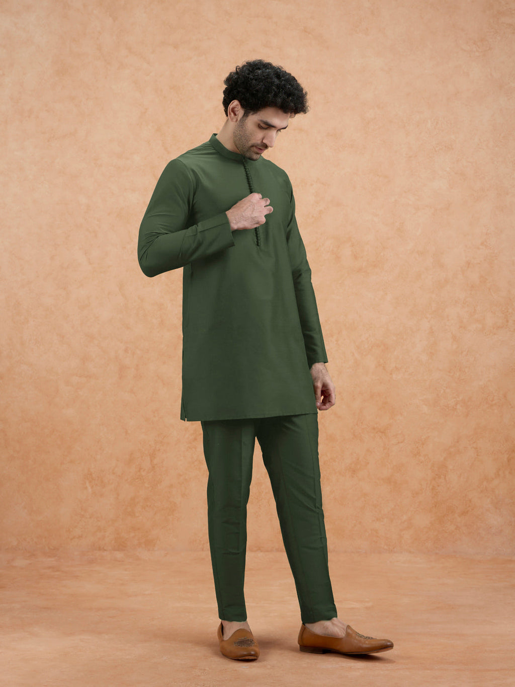 Olive Green Poly Silk Solid Mid Kurta