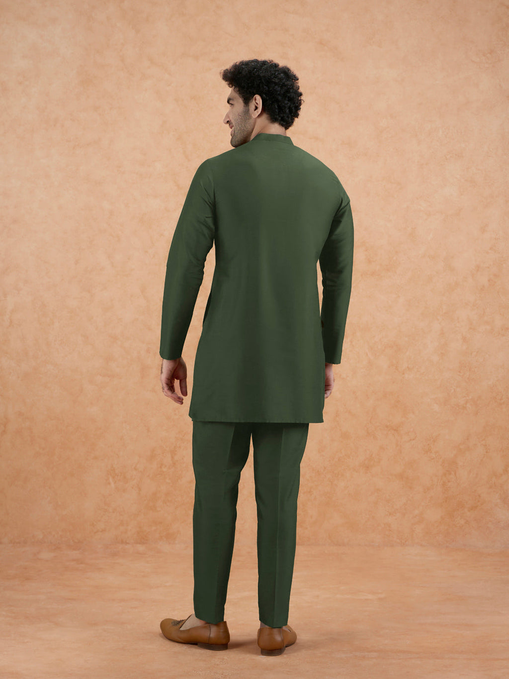 Olive Green Poly Silk Solid Mid Kurta