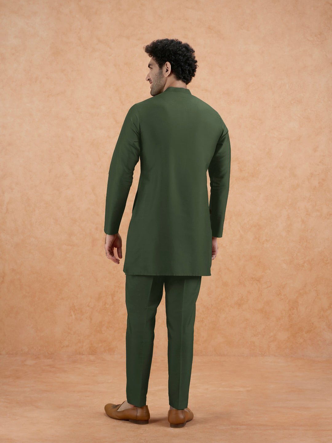 Olive Green Poly Silk Solid Mid Kurta
