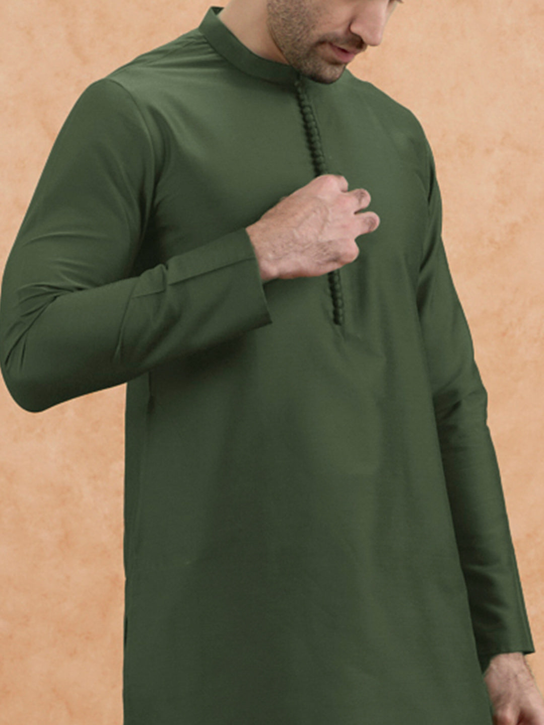Olive Green Poly Silk Solid Mid Kurta