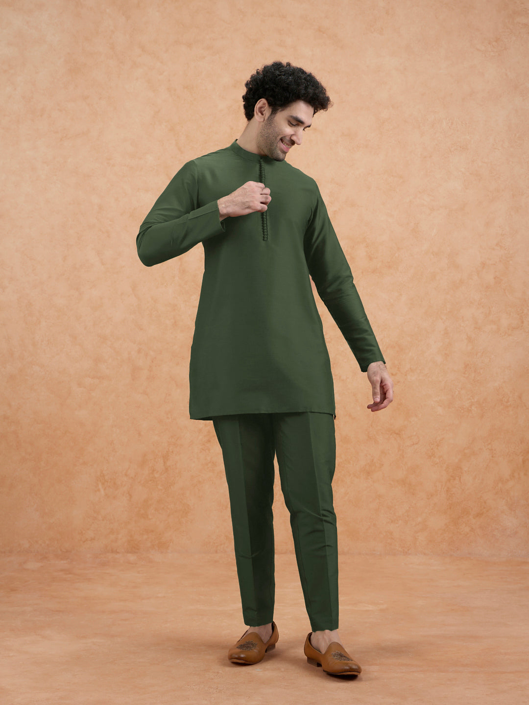 Olive Green Poly Silk Solid Mid Kurta