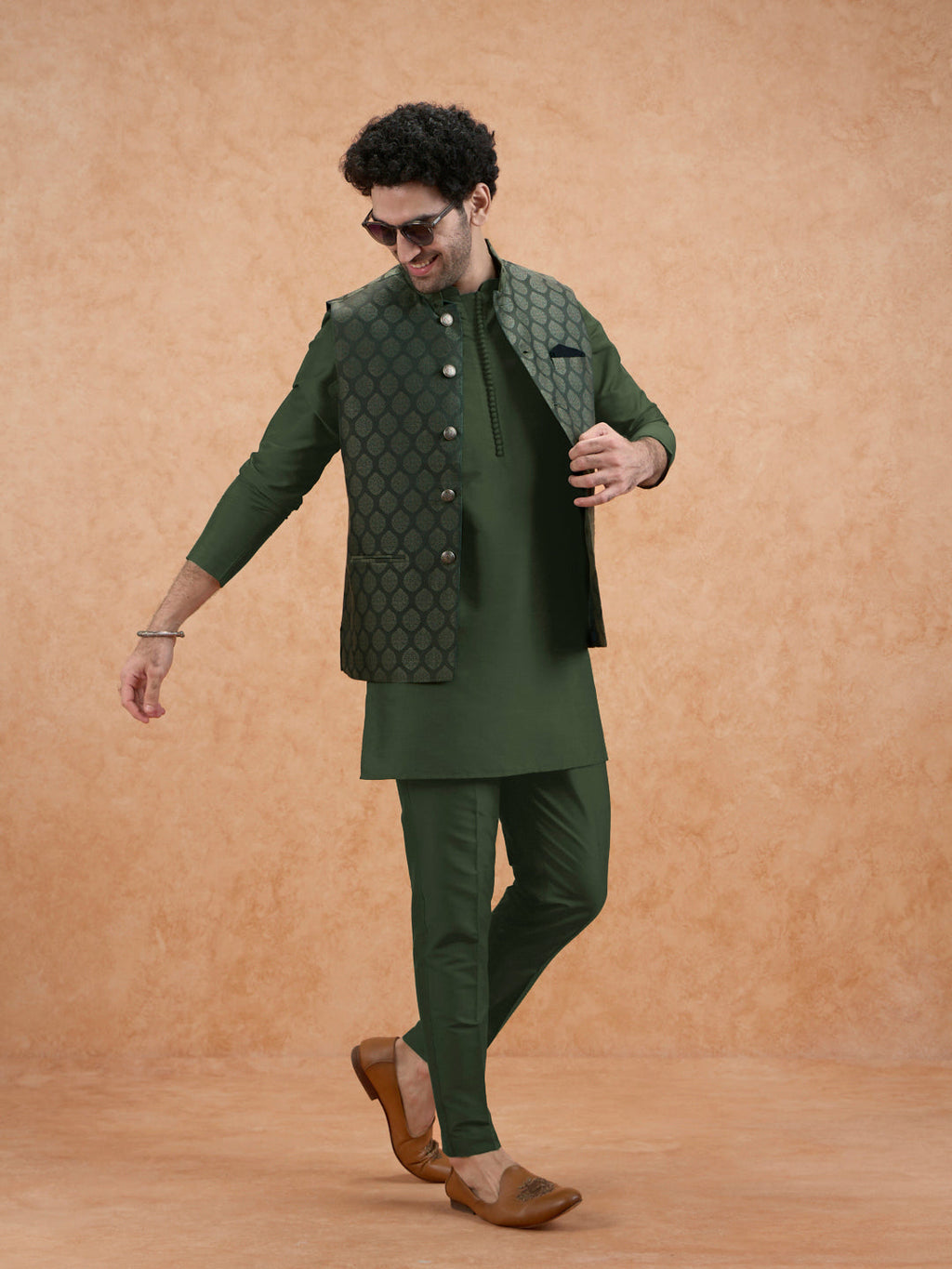Bottle Green Silk Blend Textured Mid Kurta Jacket Trouser Set
