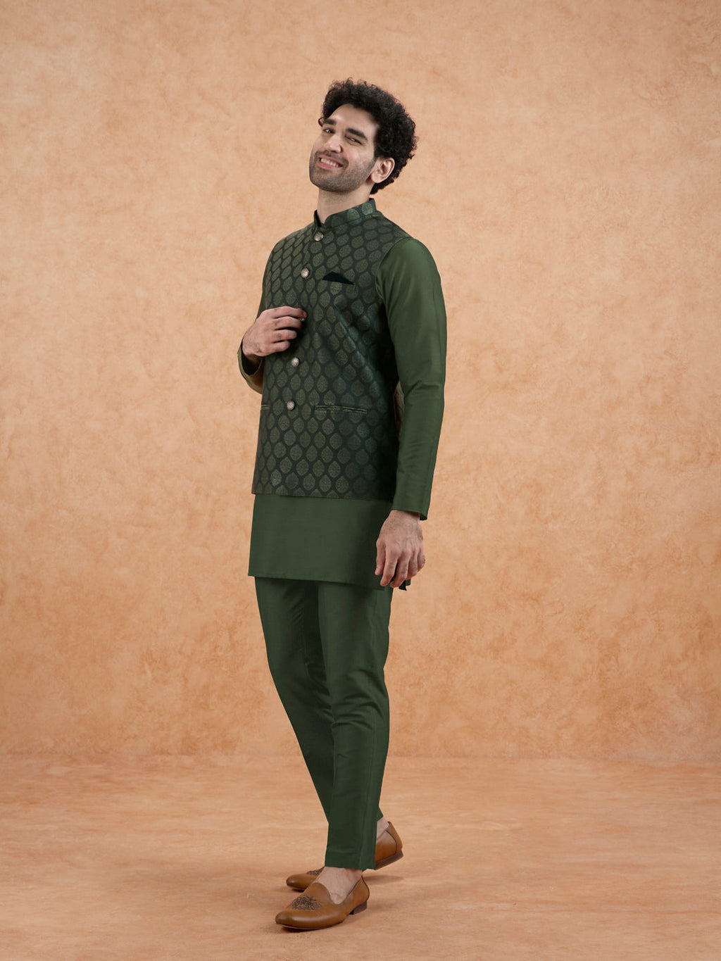Bottle Green Silk Blend Textured Mid Kurta Jacket Trouser Set