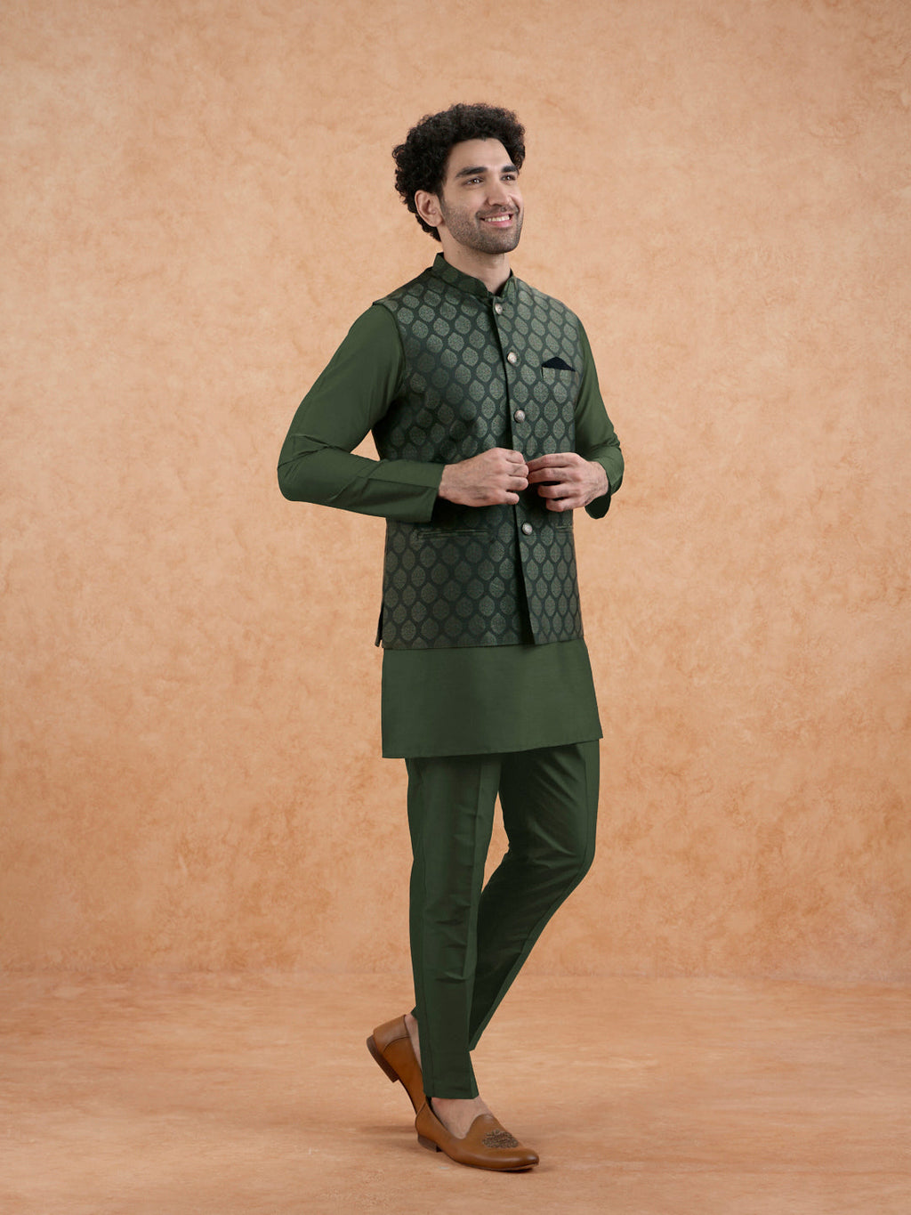 Bottle Green Silk Blend Textured Mid Kurta Jacket Trouser Set