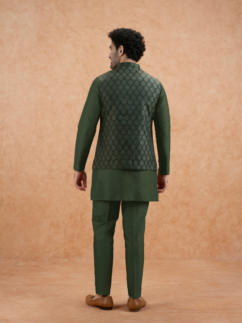 Bottle Green Silk Blend Textured Mid Kurta Jacket Trouser Set