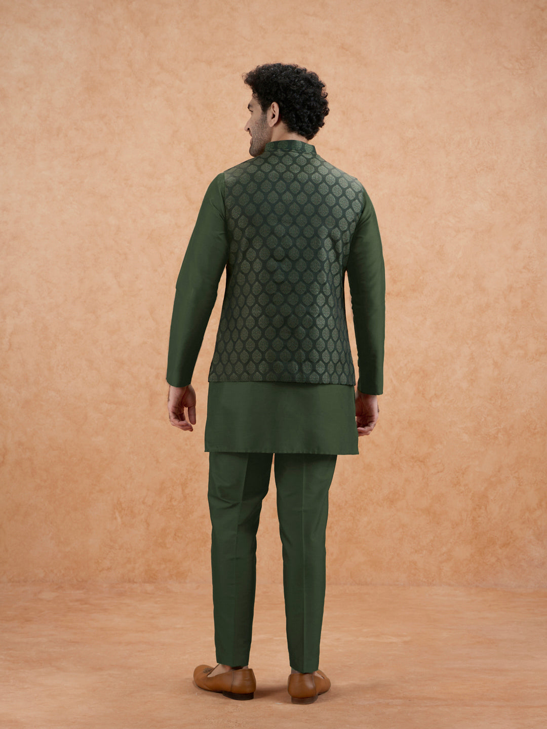 Bottle Green Silk Blend Textured Mid Kurta Jacket Trouser Set