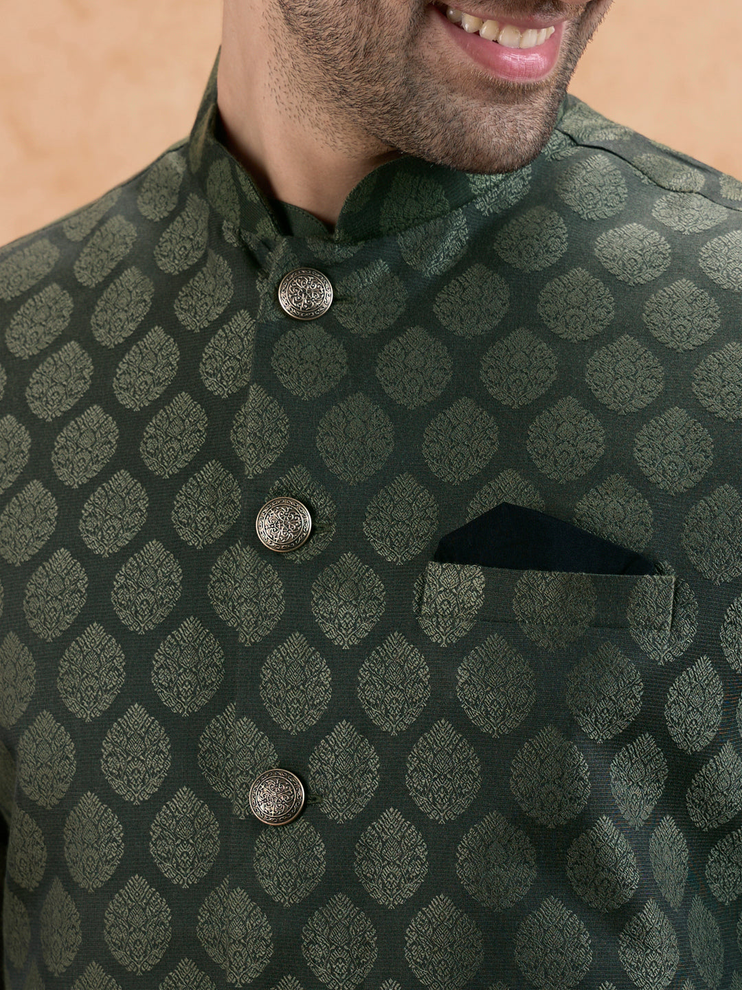 Bottle Green Silk Blend Textured Mid Kurta Jacket Trouser Set