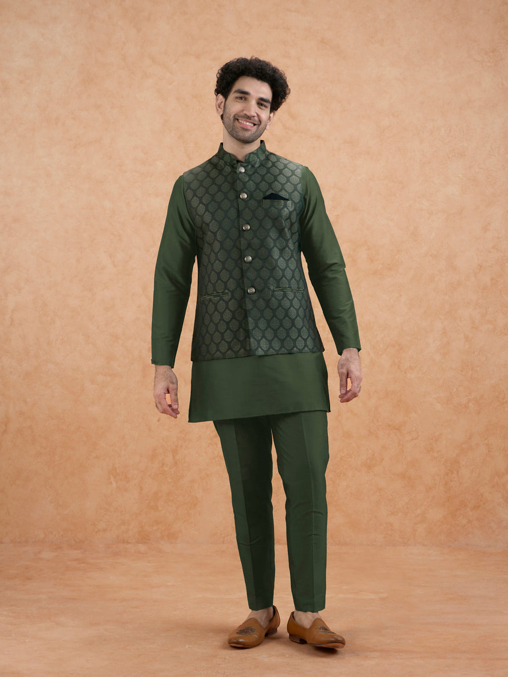 Bottle Green Silk Blend Textured Mid Kurta Jacket Trouser Set