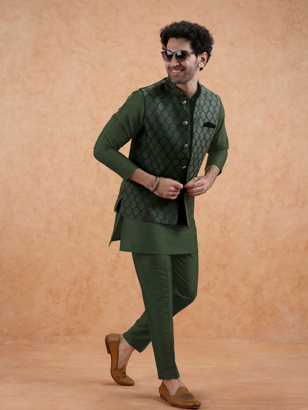 Bottle Green Silk Blend Textured Mid Kurta Jacket Trouser Set