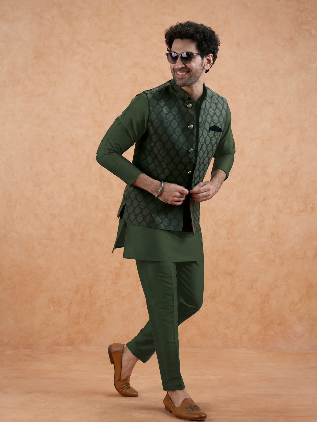 Bottle Green Silk Blend Textured Mid Kurta Jacket Trouser Set