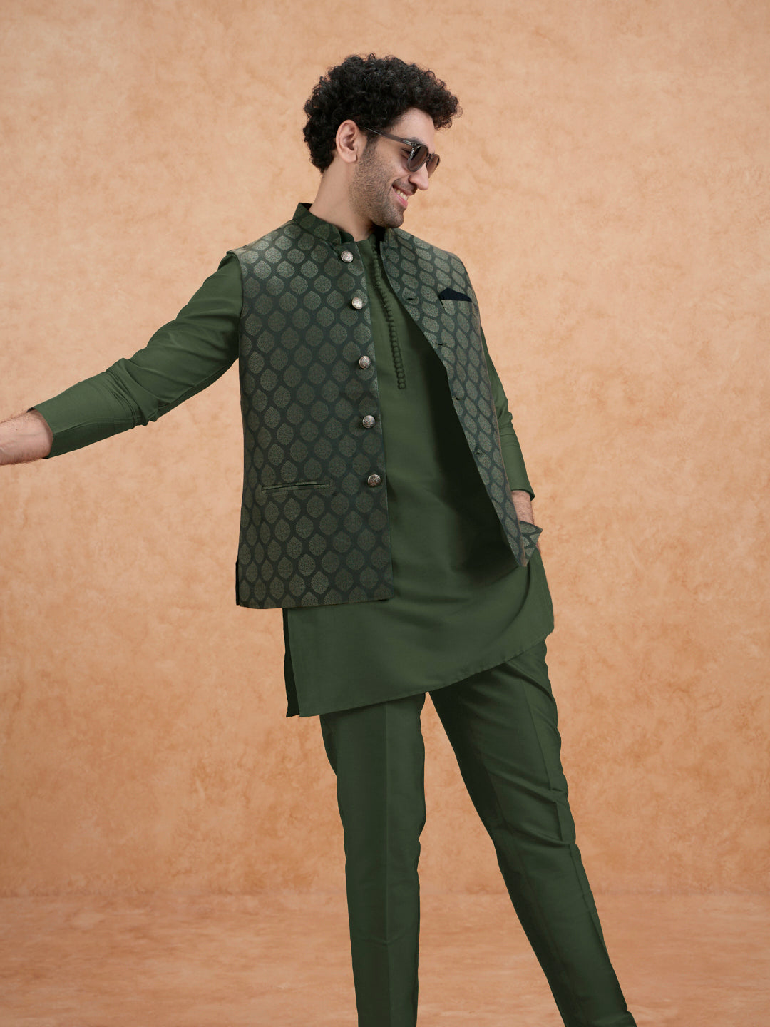 Bottle Green Silk Blend Textured Mid Kurta Jacket Trouser Set