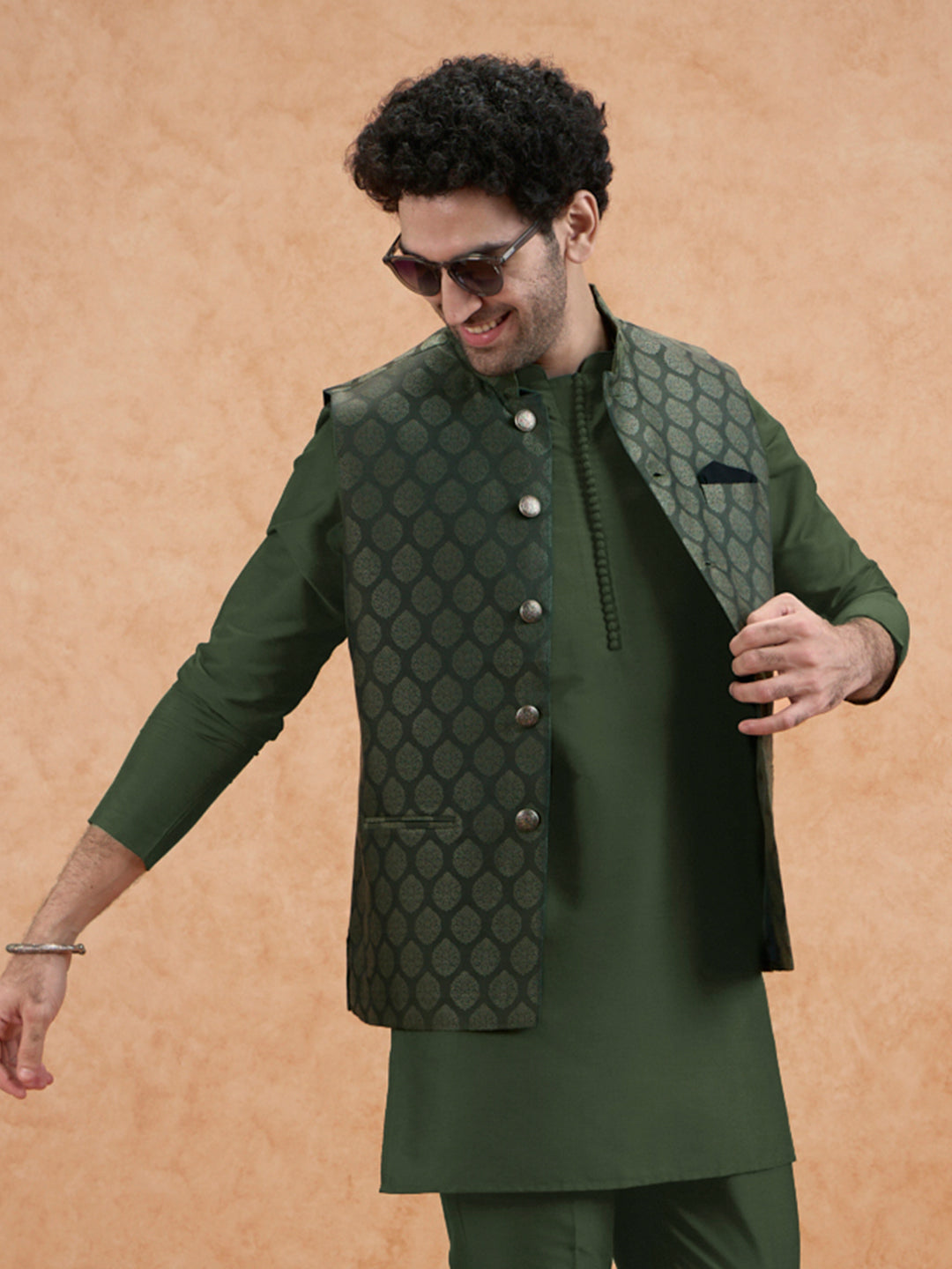 Bottle Green Silk Blend Textured Mid Kurta Jacket Trouser Set