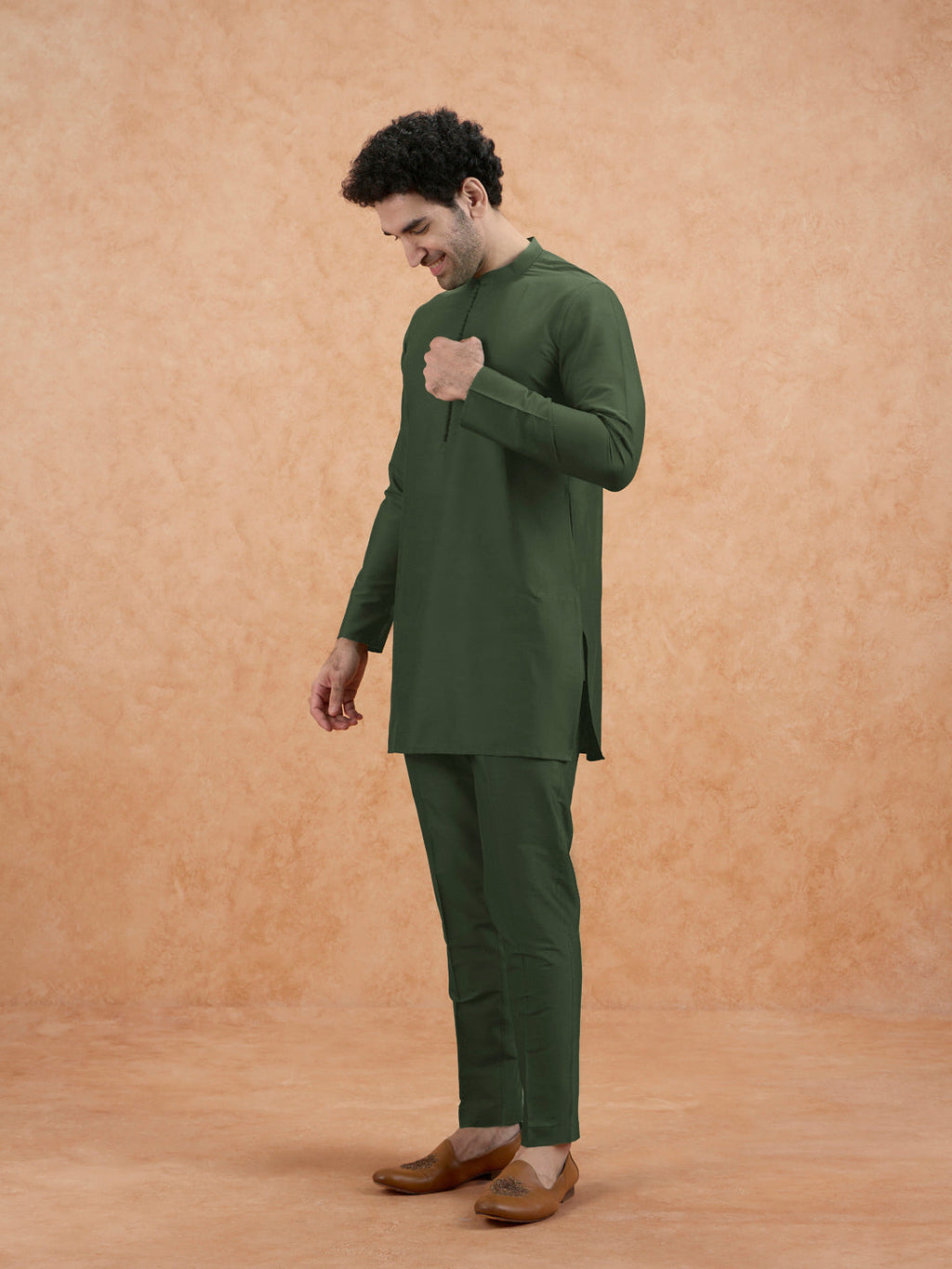 Olive Poly Silk Solid Kurta Trouser Set