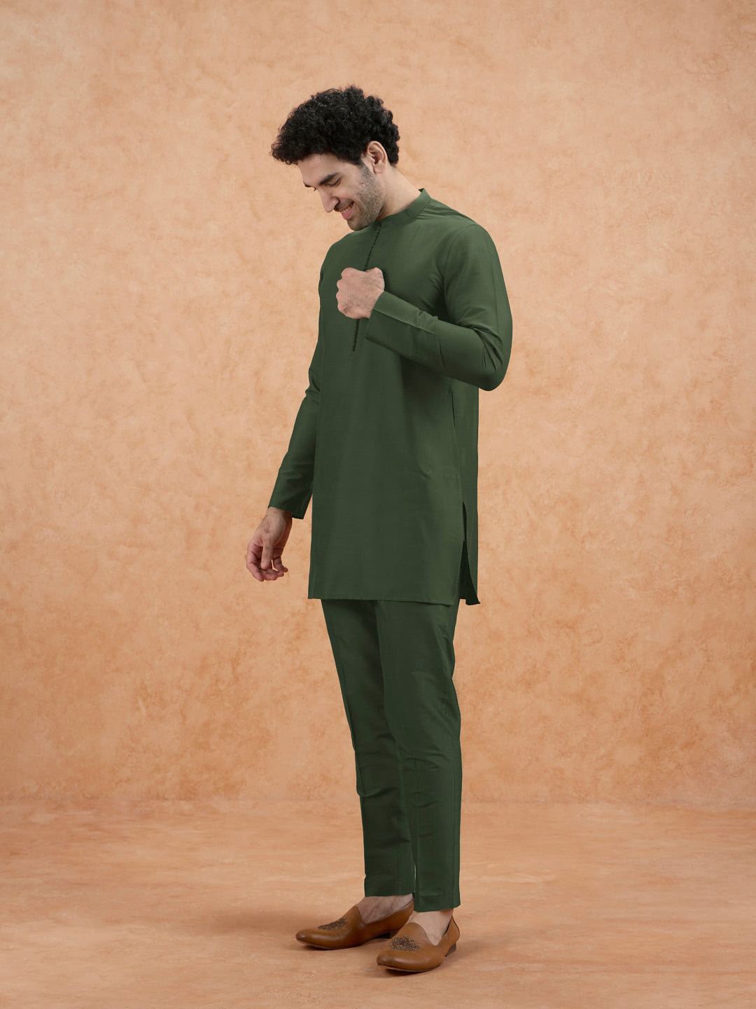 Olive Poly Silk Solid Kurta Trouser Set