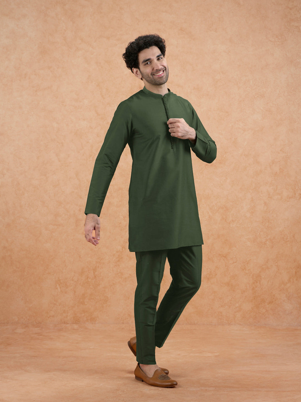 Olive Poly Silk Solid Kurta Trouser Set