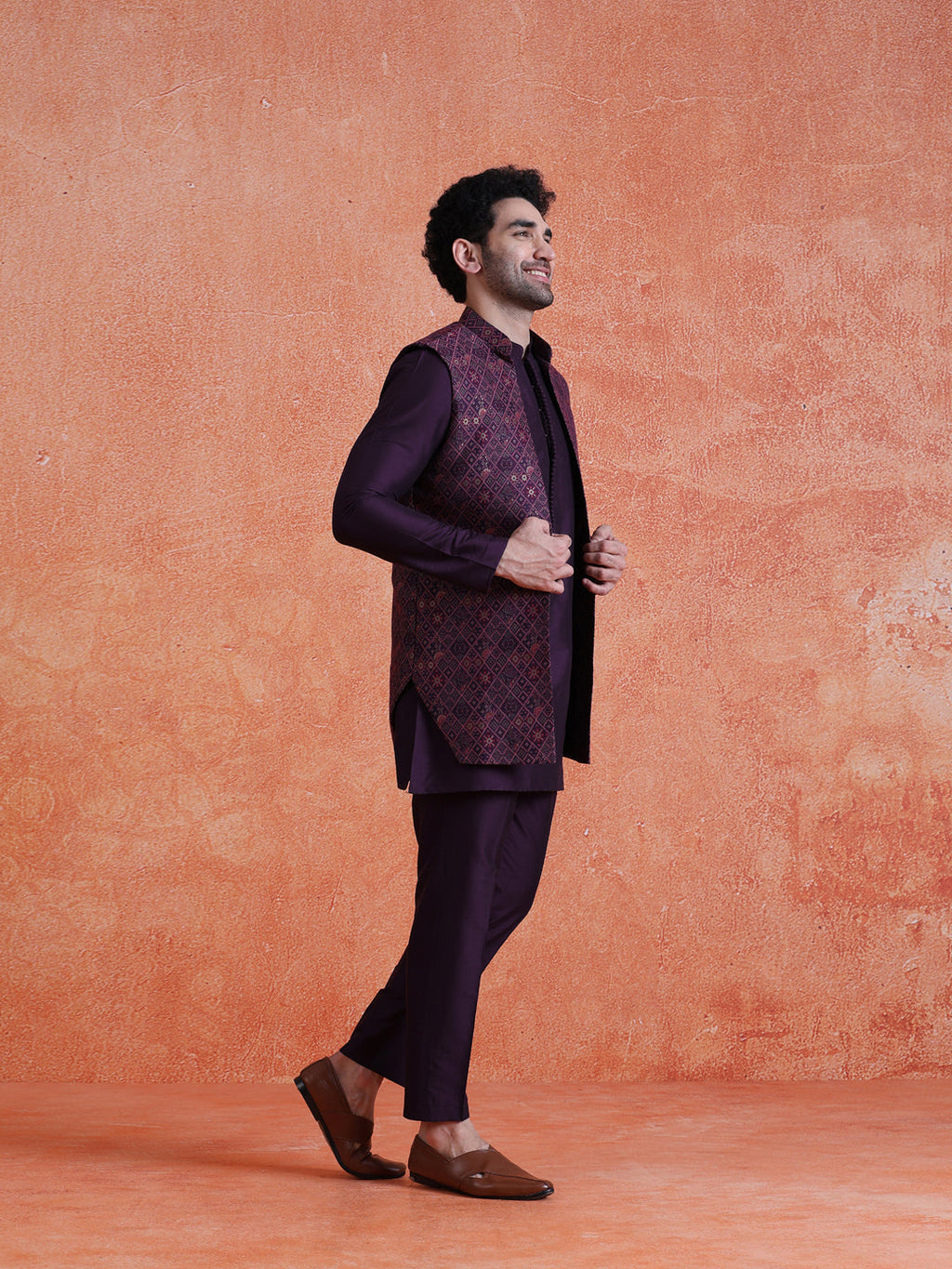 Purple Silk Blend Jacquard Mid Kurta Front Open Long Jacket Trouser Set