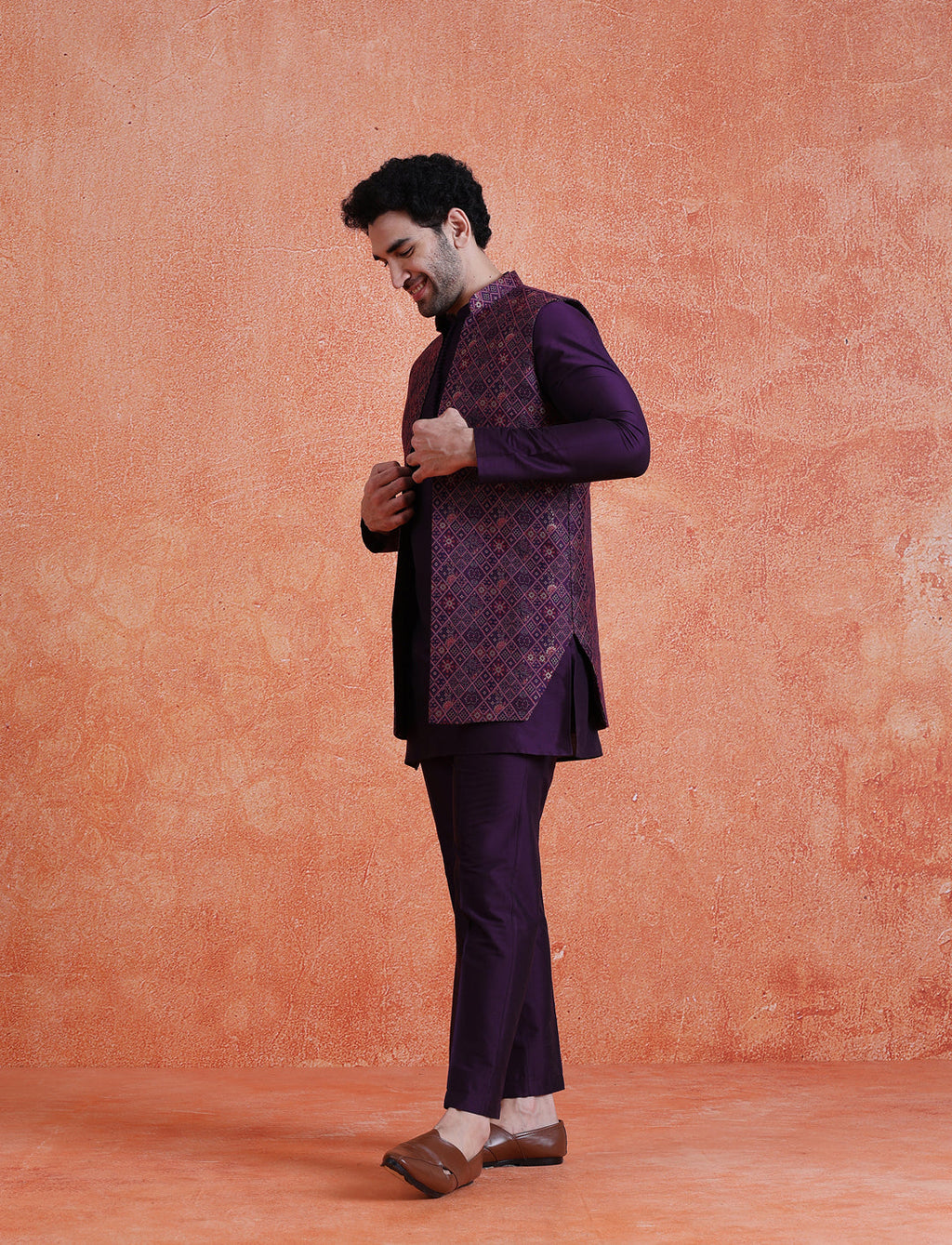 Purple Silk Blend Jacquard Mid Kurta Front Open Long Jacket Trouser Set