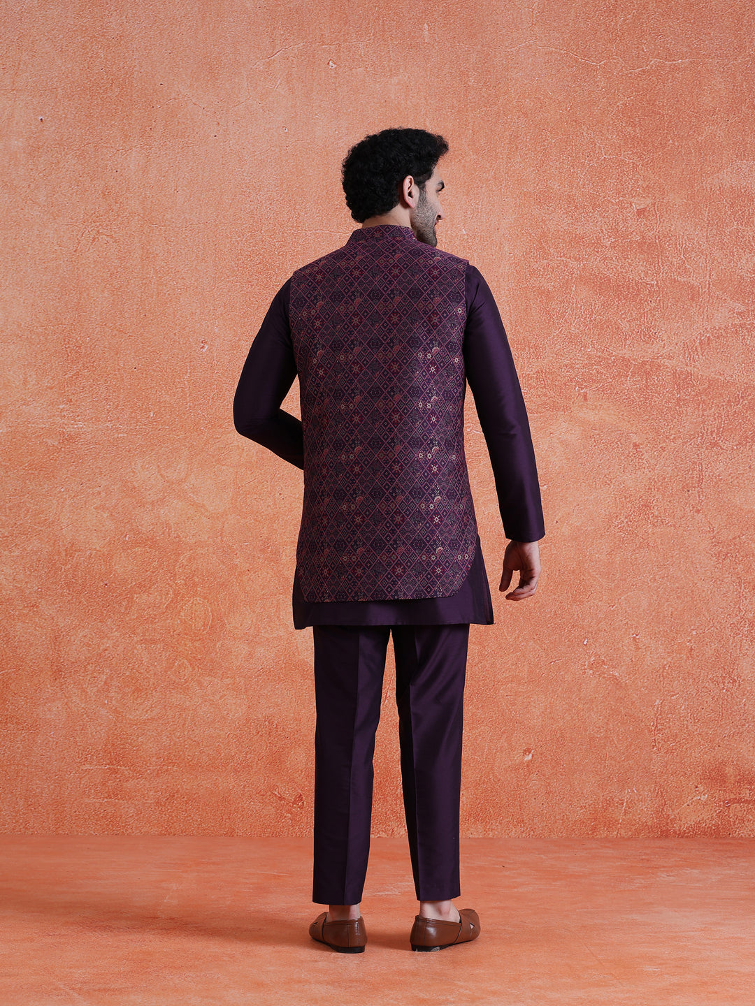 Purple Silk Blend Jacquard Mid Kurta Front Open Long Jacket Trouser Set