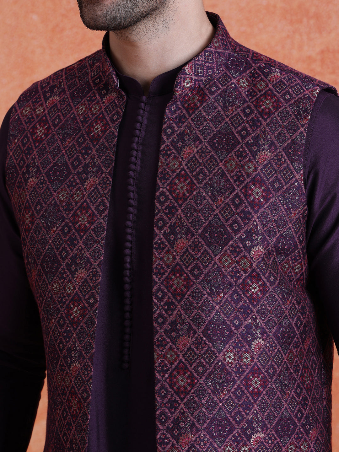 Purple Silk Blend Jacquard Mid Kurta Front Open Long Jacket Trouser Set