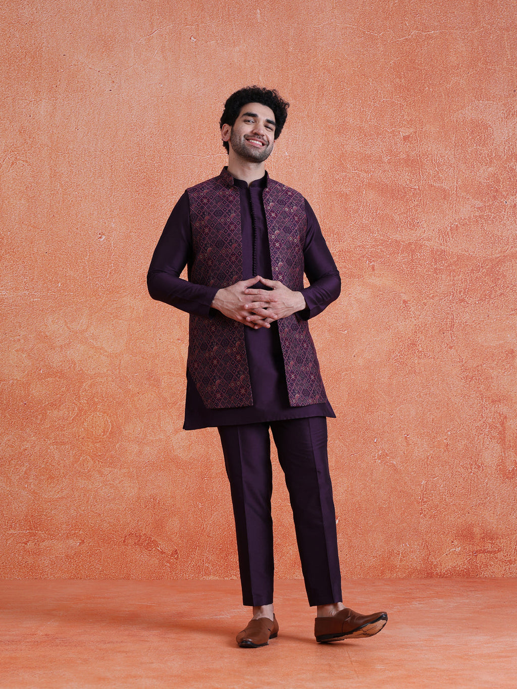 Purple Silk Blend Jacquard Mid Kurta Front Open Long Jacket Trouser Set