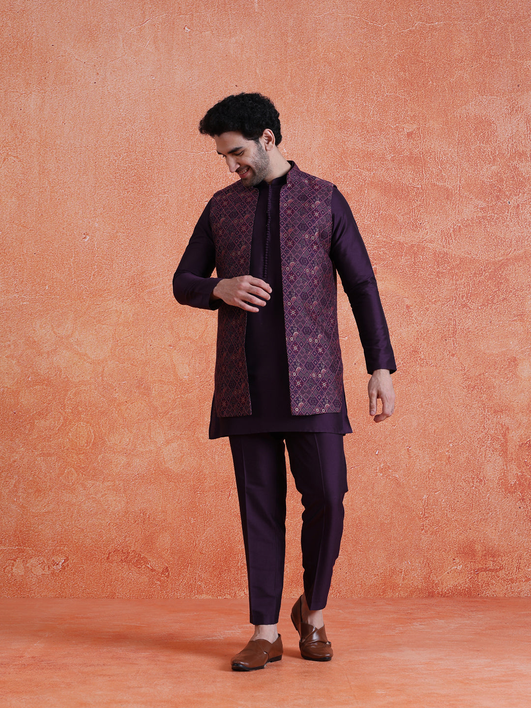Purple Silk Blend Jacquard Mid Kurta Front Open Long Jacket Trouser Set
