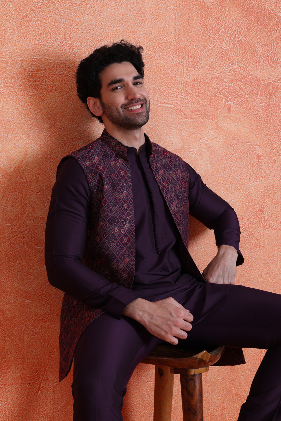 Purple Silk Blend Jacquard Mid Kurta Front Open Long Jacket Trouser Set