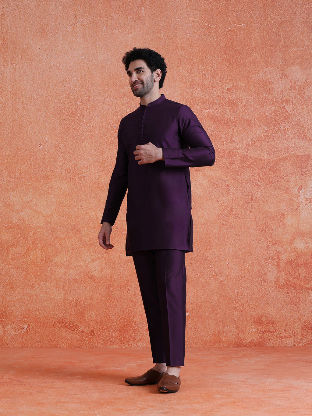 Purple Silk Blend Solid Mid Kurta Trouser Set