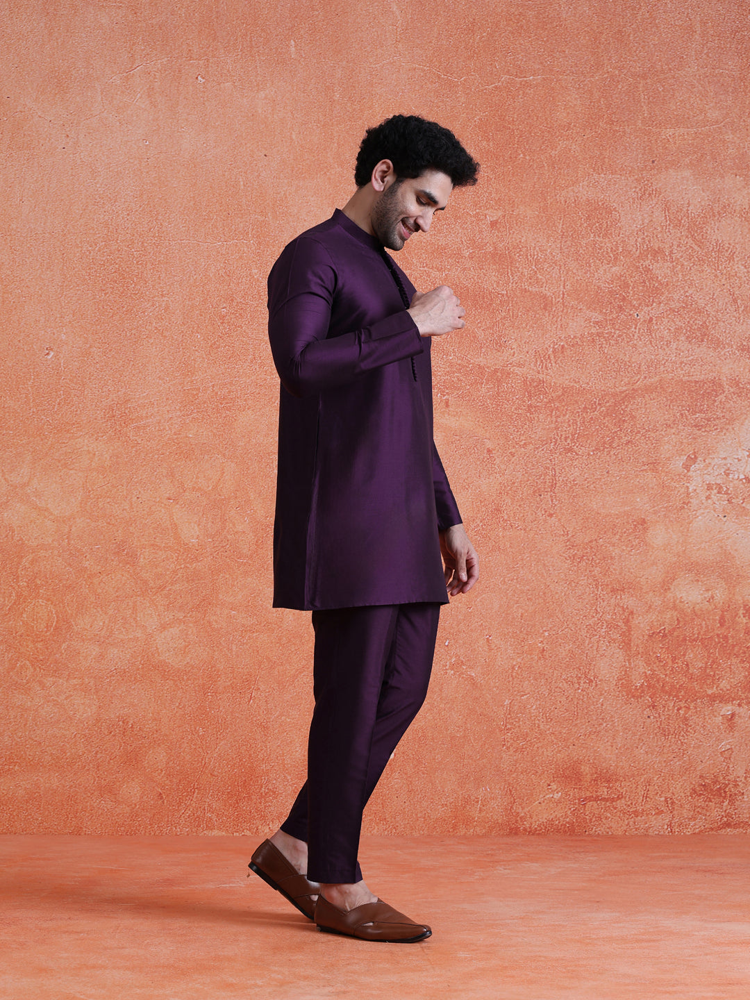 Purple Silk Blend Solid Mid Kurta Trouser Set