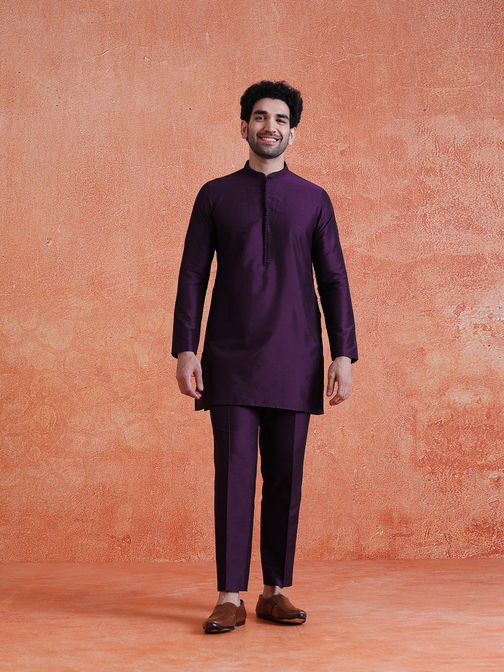 Purple Silk Blend Solid Mid Kurta Trouser Set