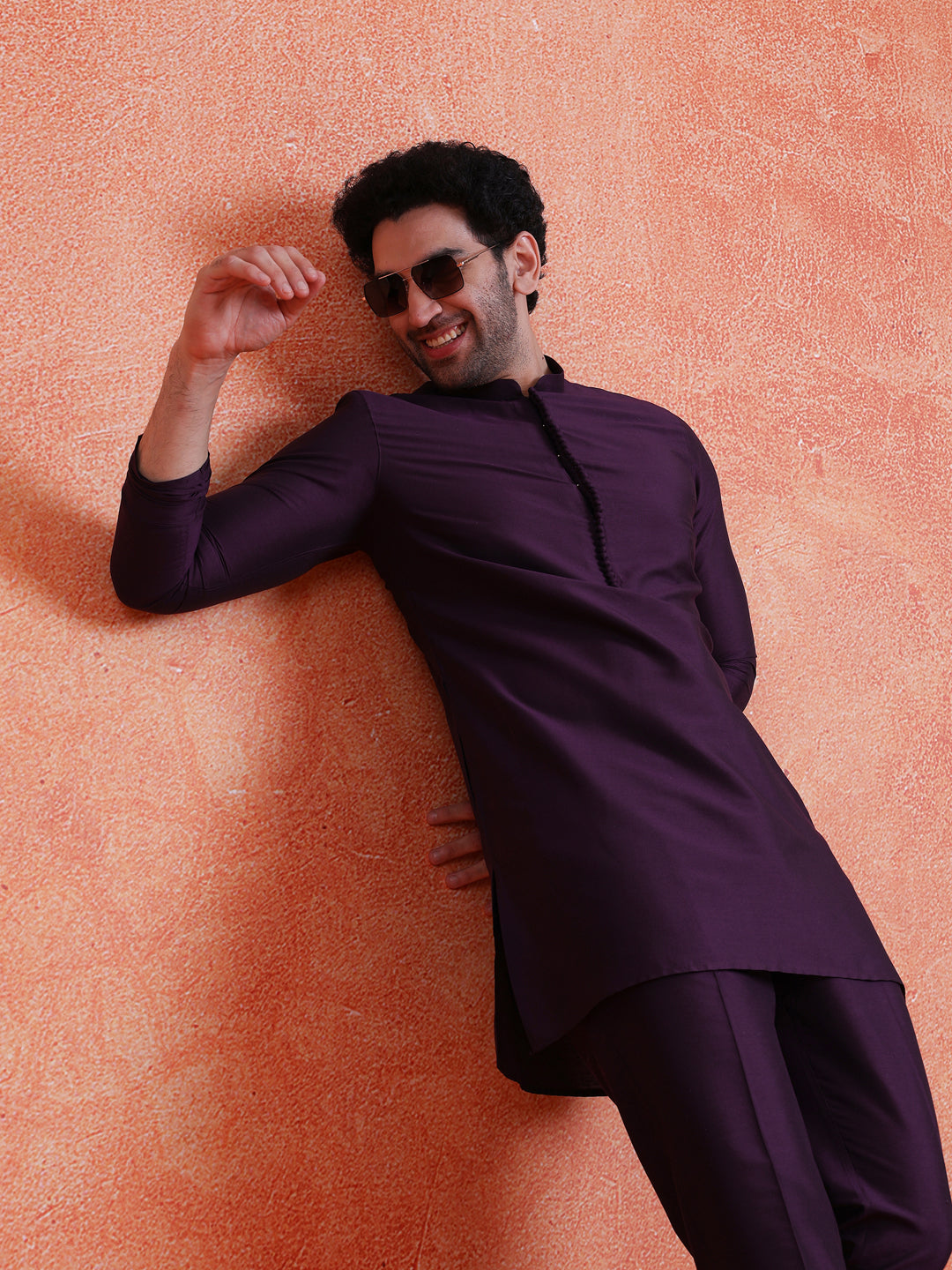 Purple Silk Blend Solid Mid Kurta Trouser Set