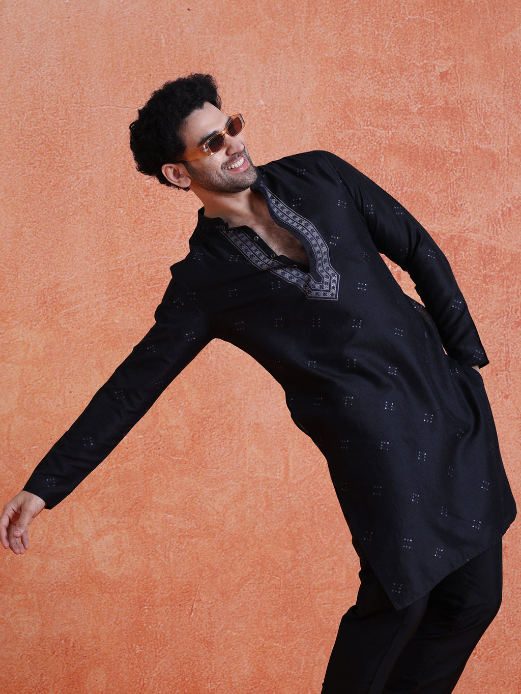 Black Silk Blend Jacquard Long Kurta