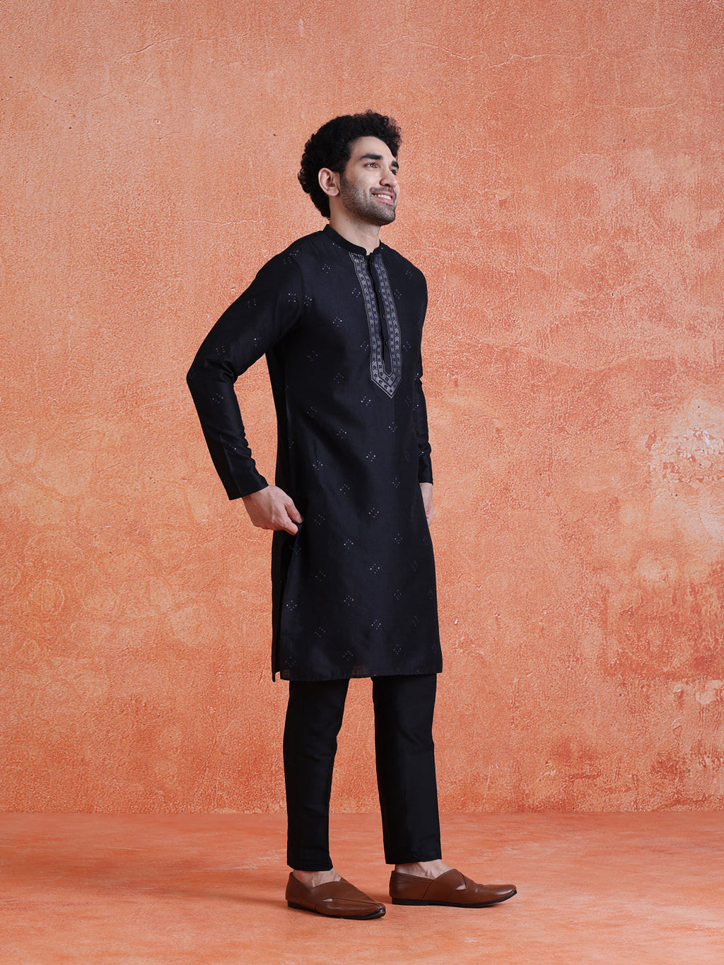 Black Silk Blend Jacquard Long Kurta