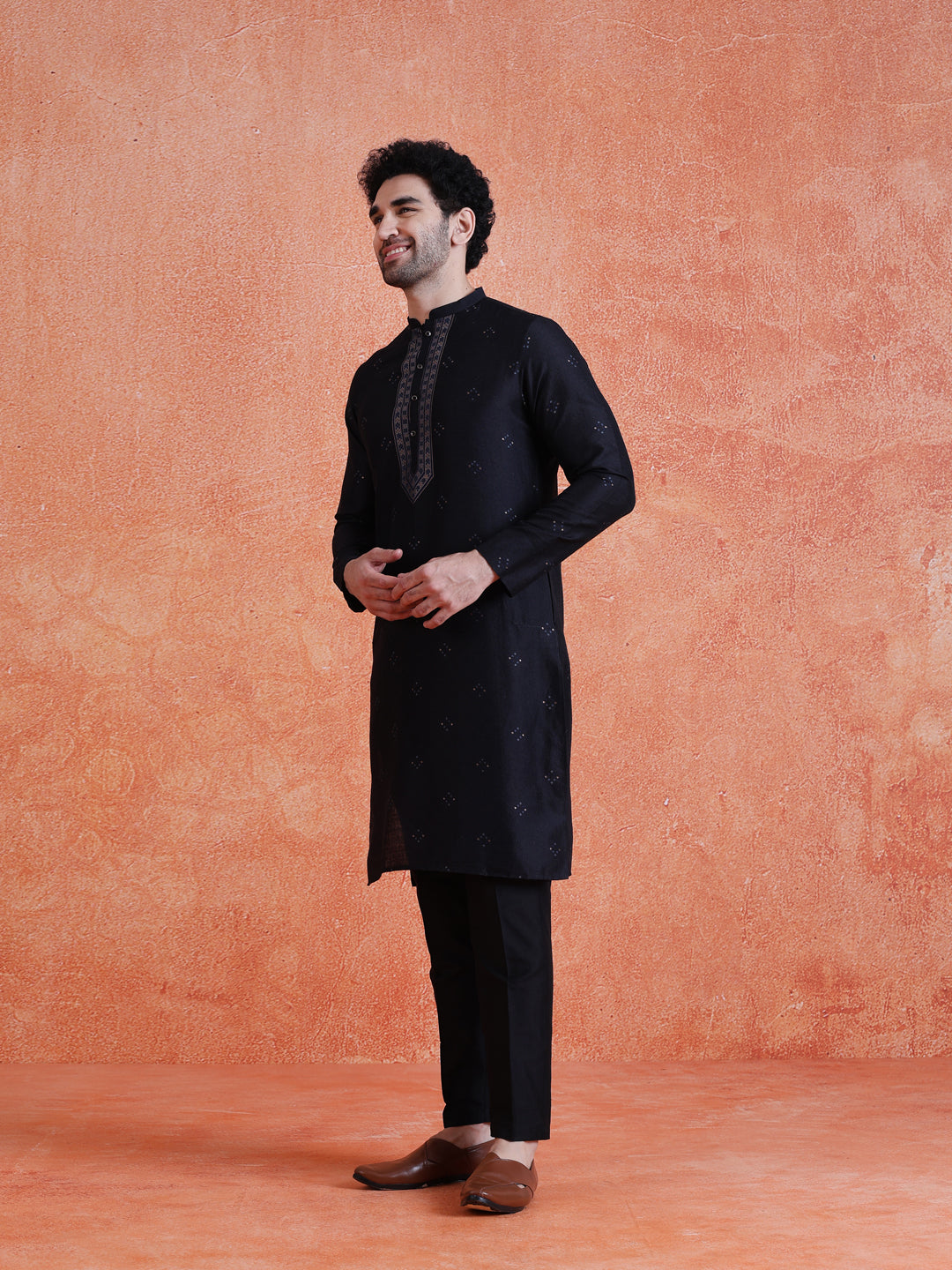 Black Silk Blend Jacquard Long Kurta