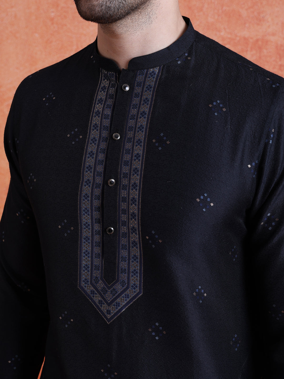 Black Silk Blend Jacquard Long Kurta