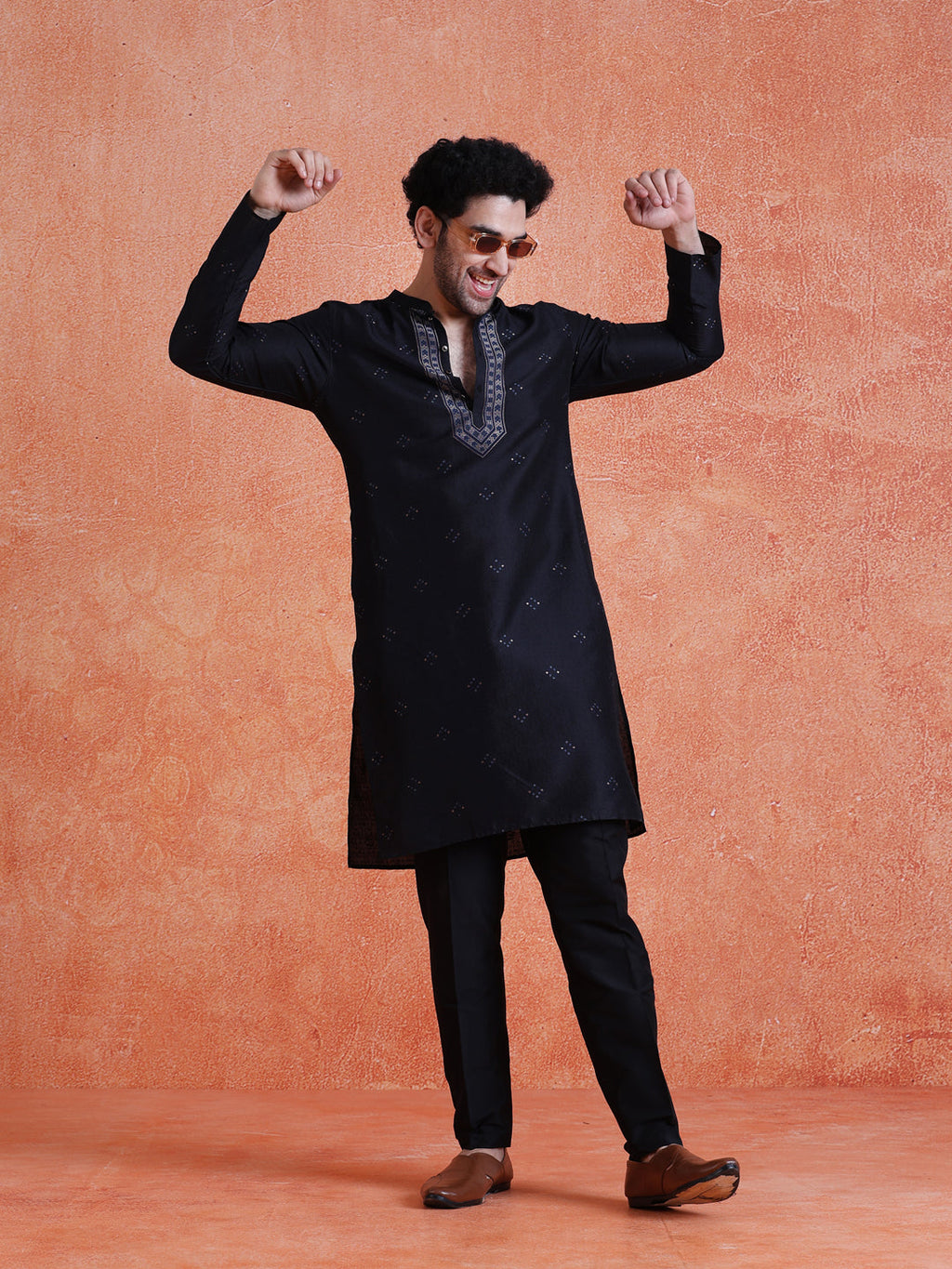 Black Silk Blend Jacquard Long Kurta