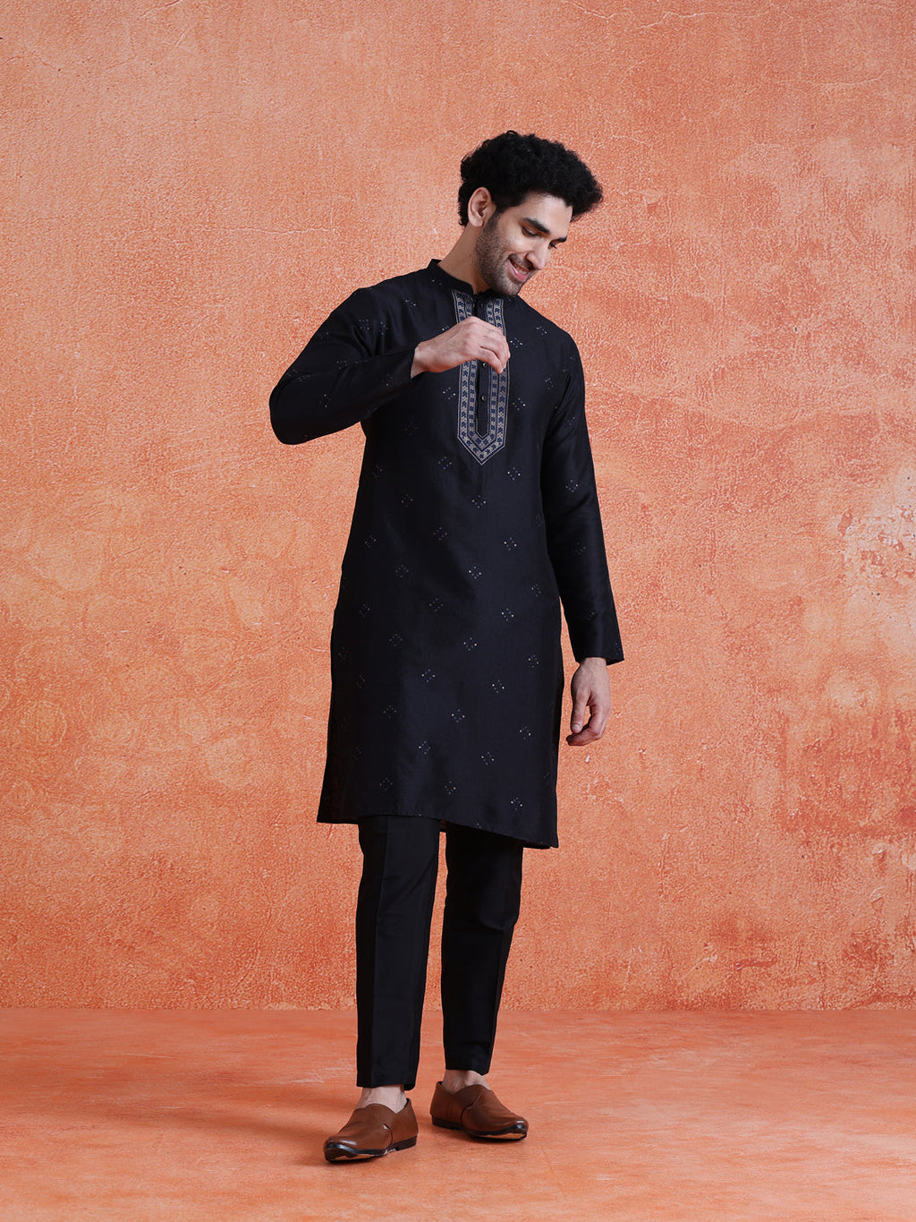 Black Silk Blend Jacquard Kurta Trouser Set