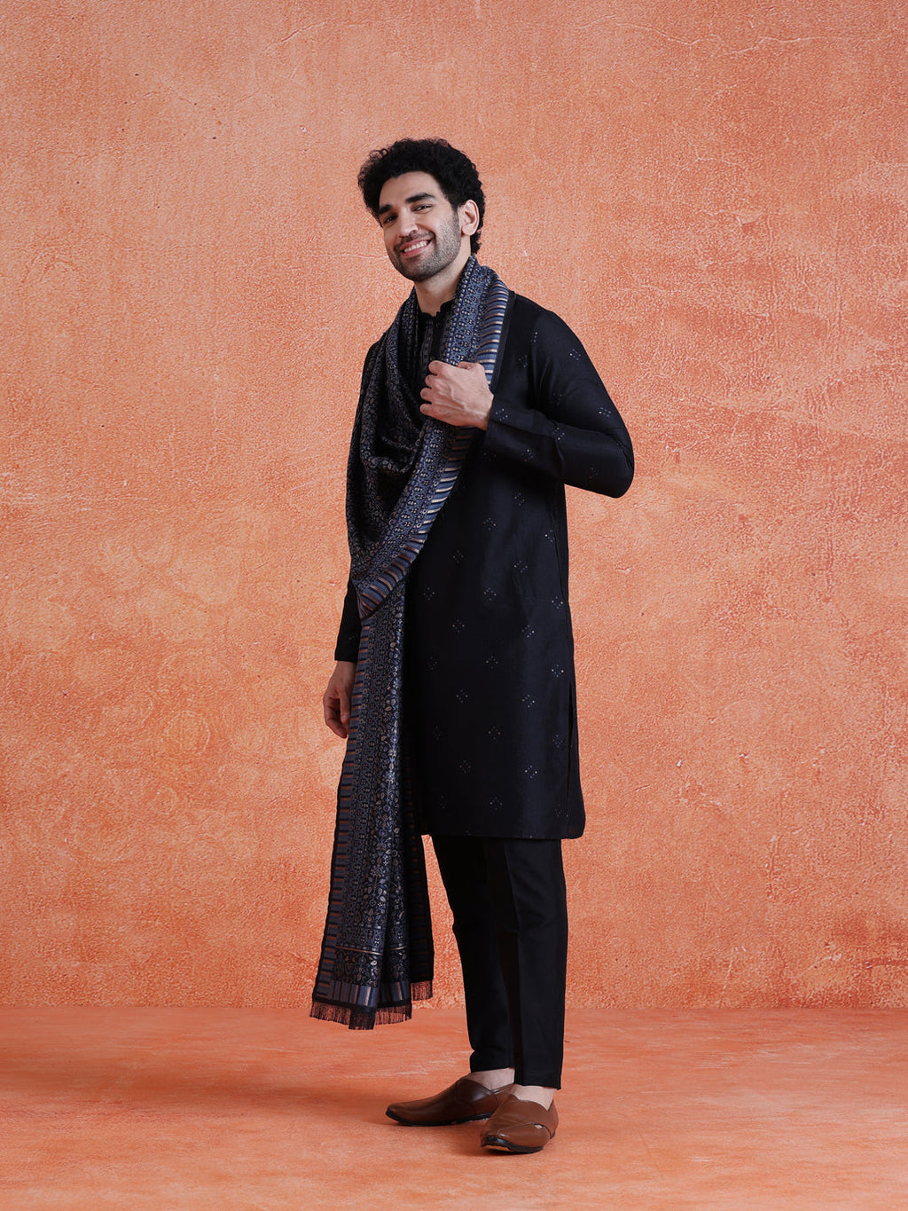 Black Silk Blend Jacquard Kurta Trouser Set With Dupatta