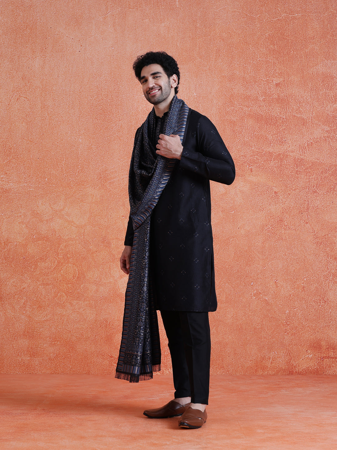 Black Silk Blend Jacquard Kurta Trouser Set With Dupatta