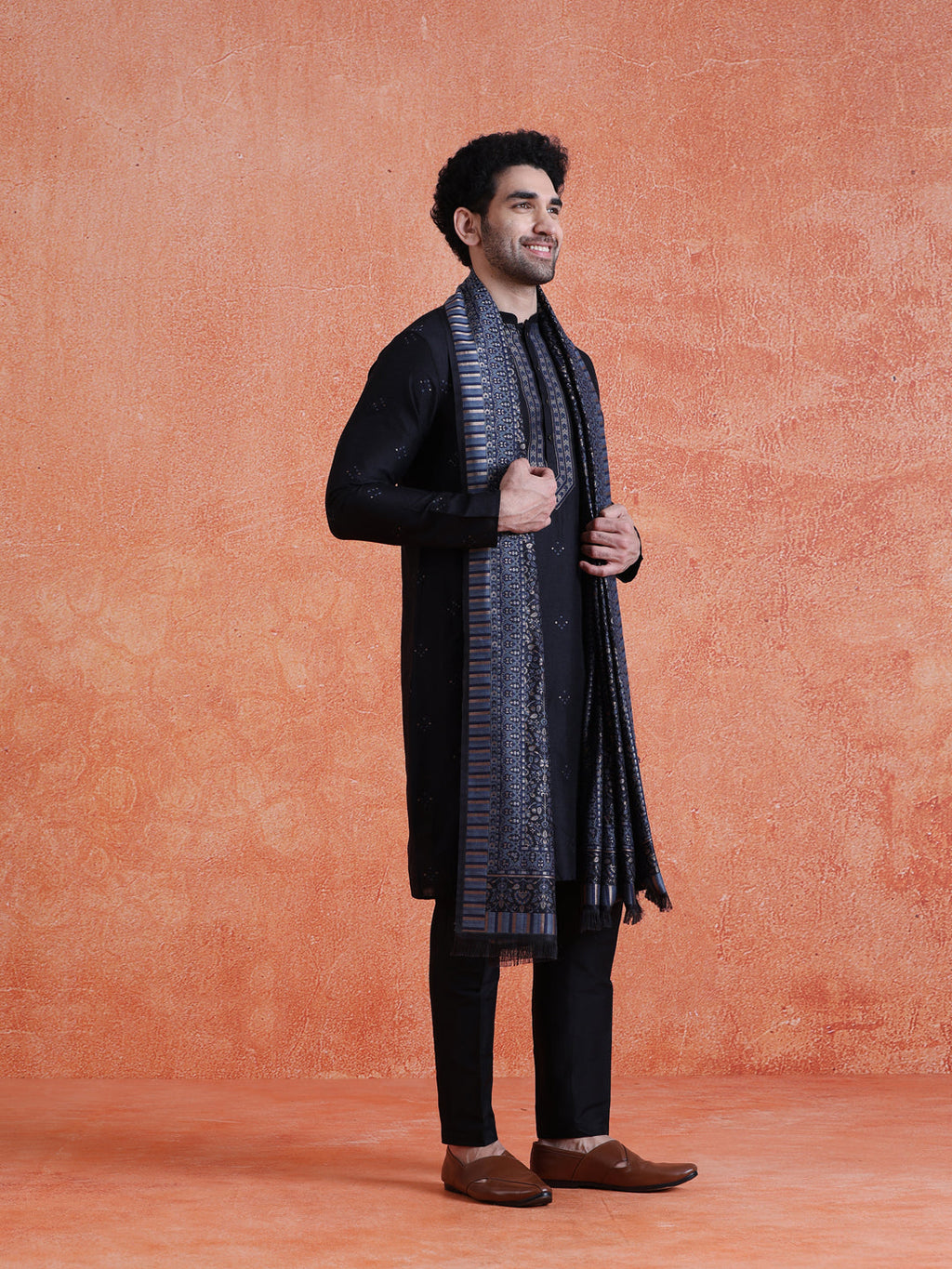 Black Silk Blend Jacquard Kurta Trouser Set With Dupatta