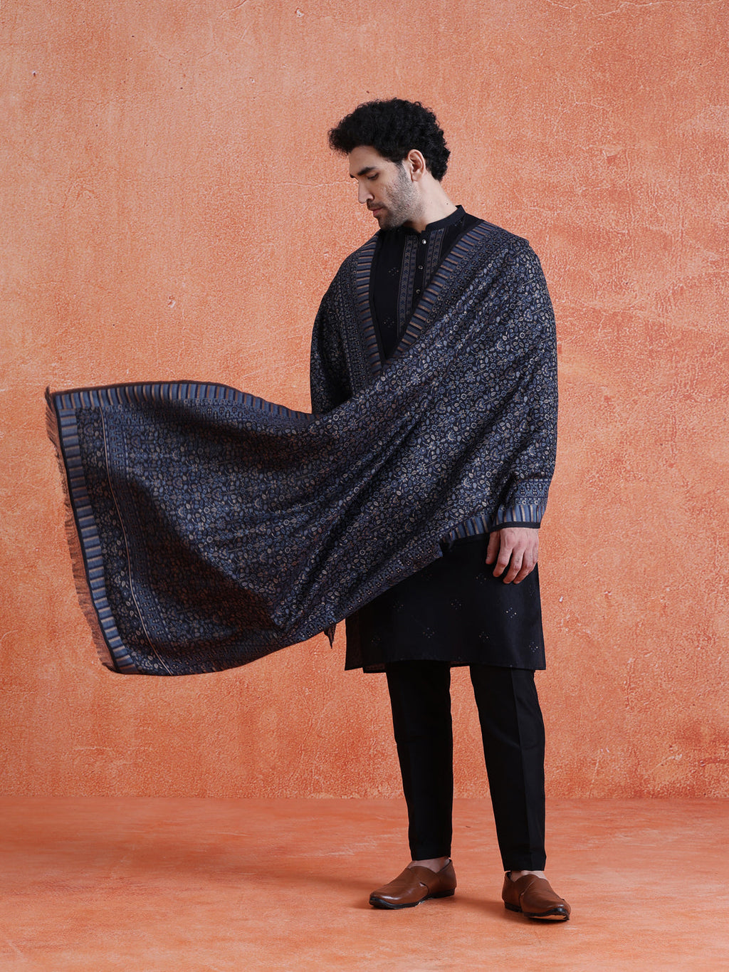 Black Silk Blend Jacquard Kurta Trouser Set With Dupatta