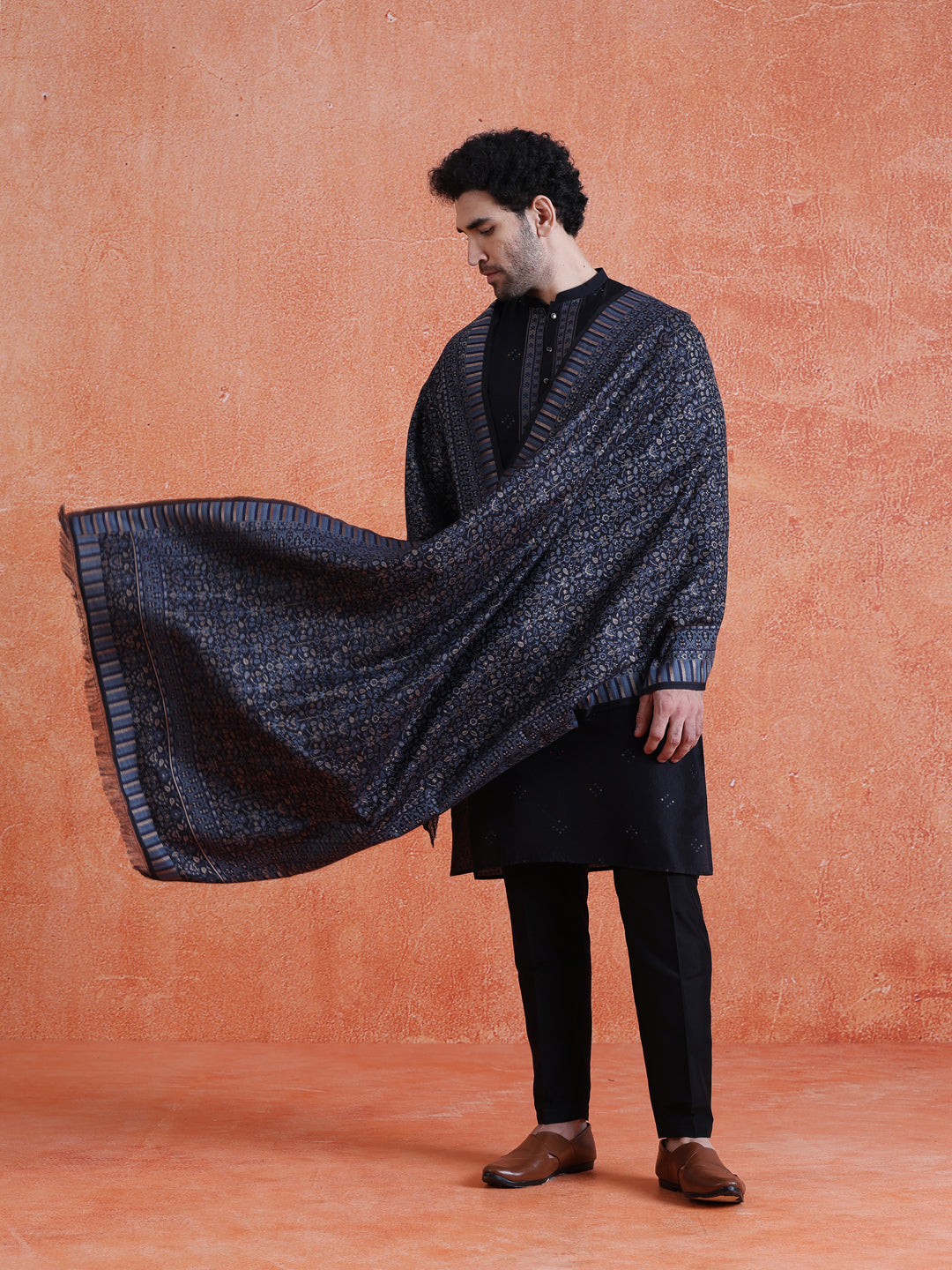 Black Silk Blend Jacquard Kurta Trouser Set With Dupatta