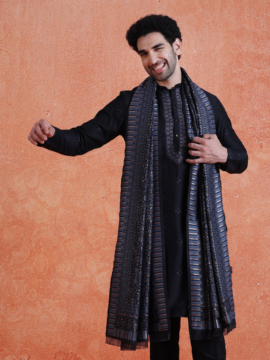 Black Silk Blend Jacquard Kurta Trouser Set With Dupatta