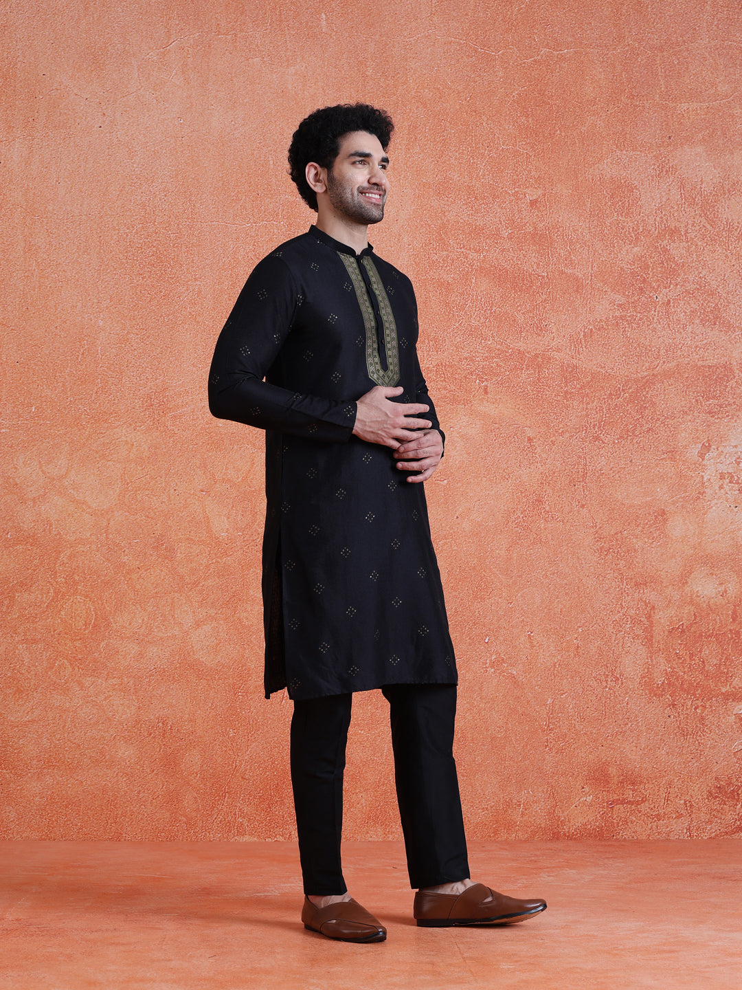 Black Silk Blend Jacquard Long Kurta