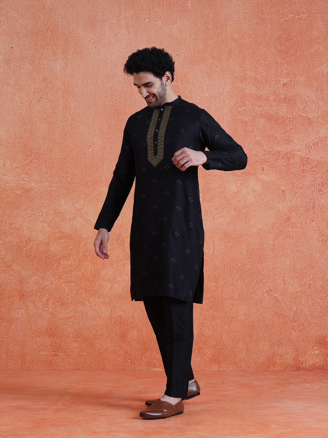 Black Silk Blend Jacquard Long Kurta