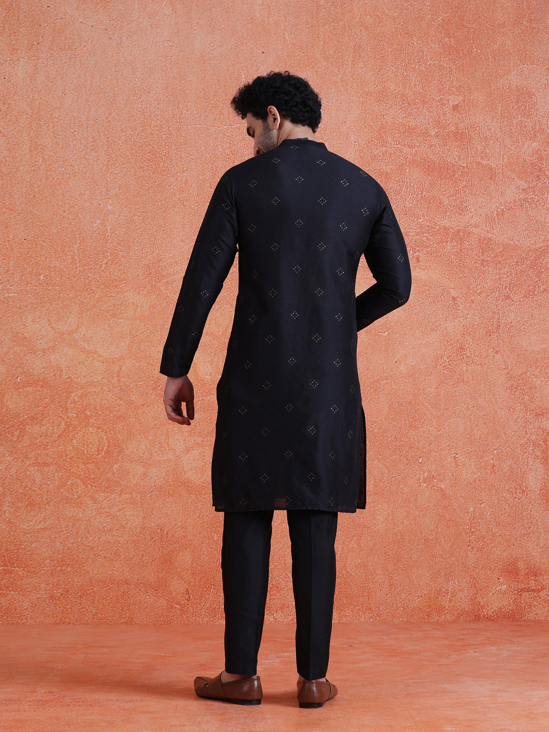 Black Silk Blend Jacquard Long Kurta