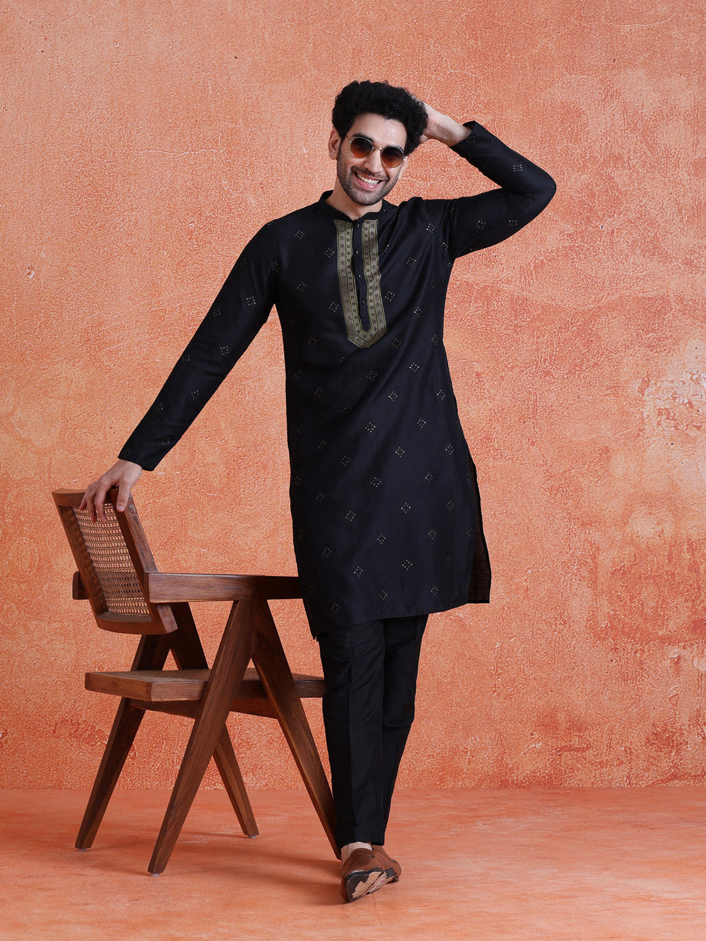 Black Silk Blend Jacquard Long Kurta